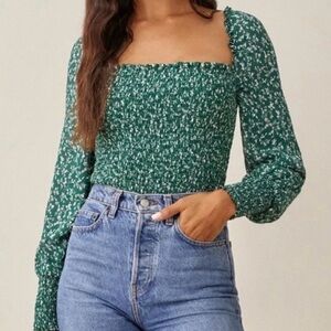 Reformation Pinto smocked bodice top in Parsely